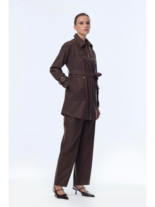 Enesmble avec Fermeture éclair et ceinture détaillée veste pantalon Double ensemble TK-1634