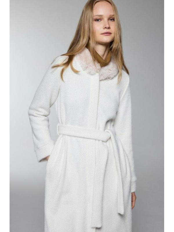Cardigan HR-0033 à ceinture de fourrure détaillé en écru/or