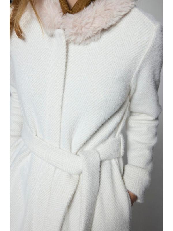 Cardigan HR-0033 à ceinture de fourrure détaillé en écru/or