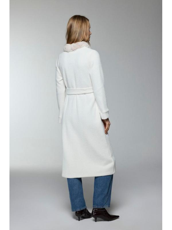 Cardigan HR-0033 à ceinture de fourrure détaillé en écru/or