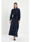 Robe longue bleu marine détaillée à col à motifs E-0444 