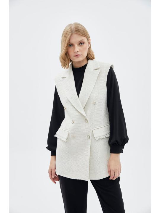 Ensemble trois pieces en tweed texturé écru boutonné TK-1387