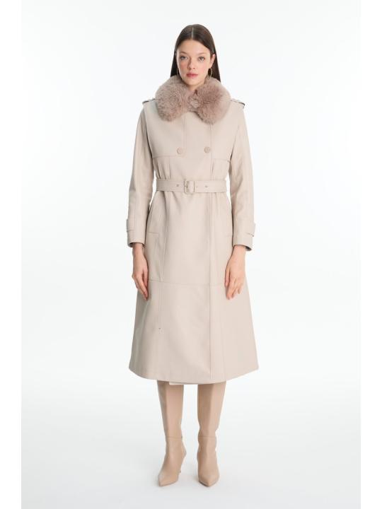 Trench-coat en cuir à col de fourrure 13822