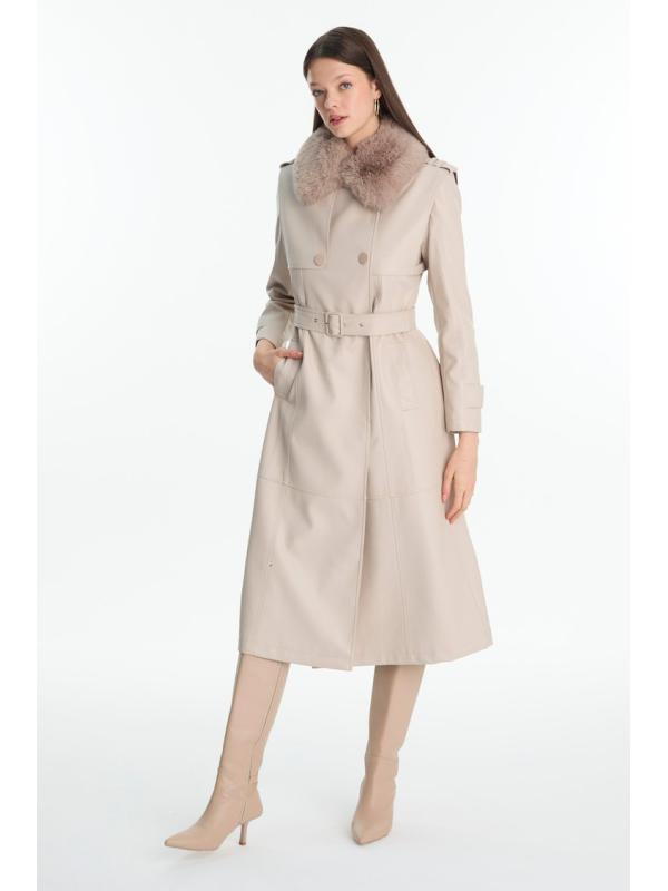 Trench-coat en cuir à col de fourrure 13822
