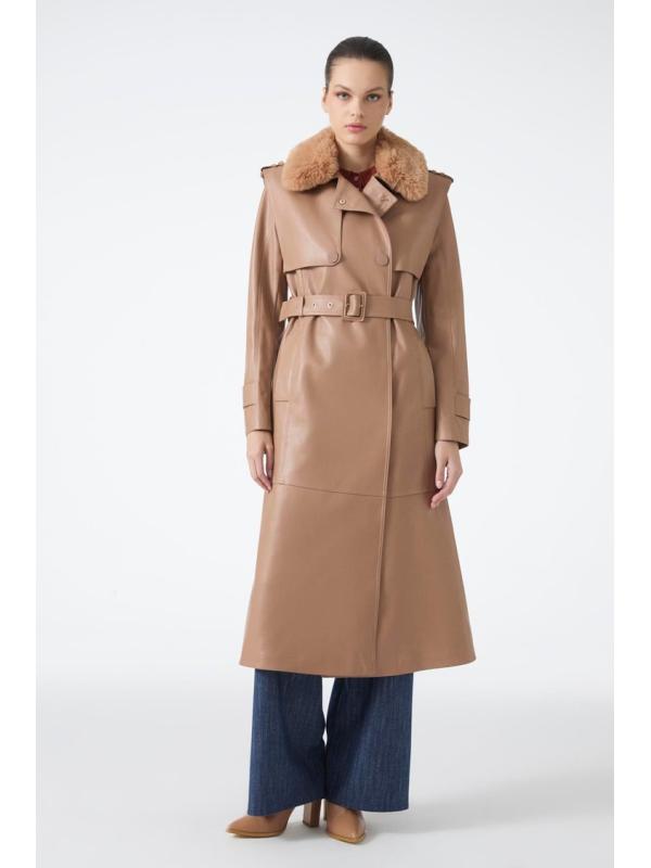 Trench-coat en cuir à col de fourrure 13822
