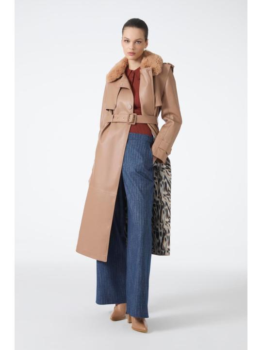 Trench-coat en cuir à col de fourrure 13822
