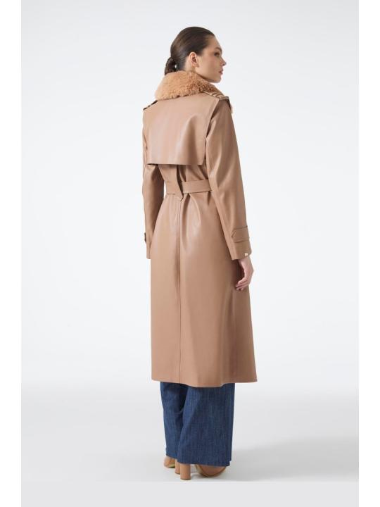 Trench-coat en cuir à col de fourrure 13822