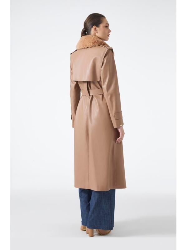 Trench-coat en cuir à col de fourrure 13822
