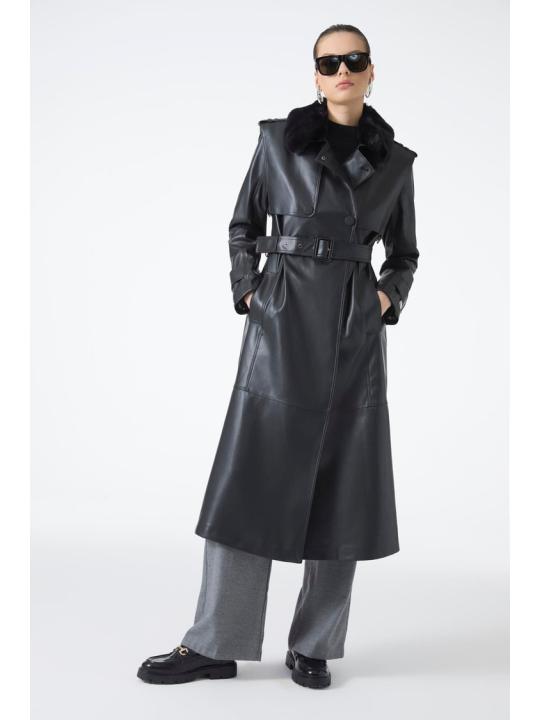 Trench-coat en cuir à col de fourrure 13822