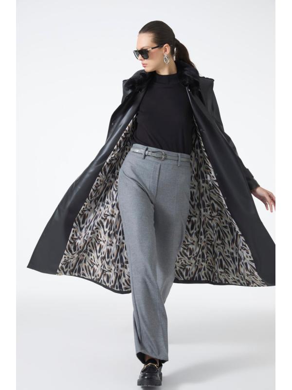 Trench-coat en cuir à col de fourrure 13822