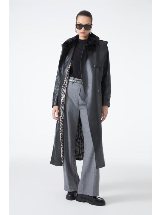 Trench-coat en cuir à col de fourrure 13822