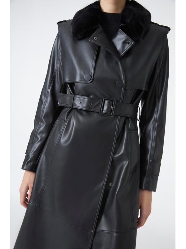 Trench-coat en cuir à col de fourrure 13822