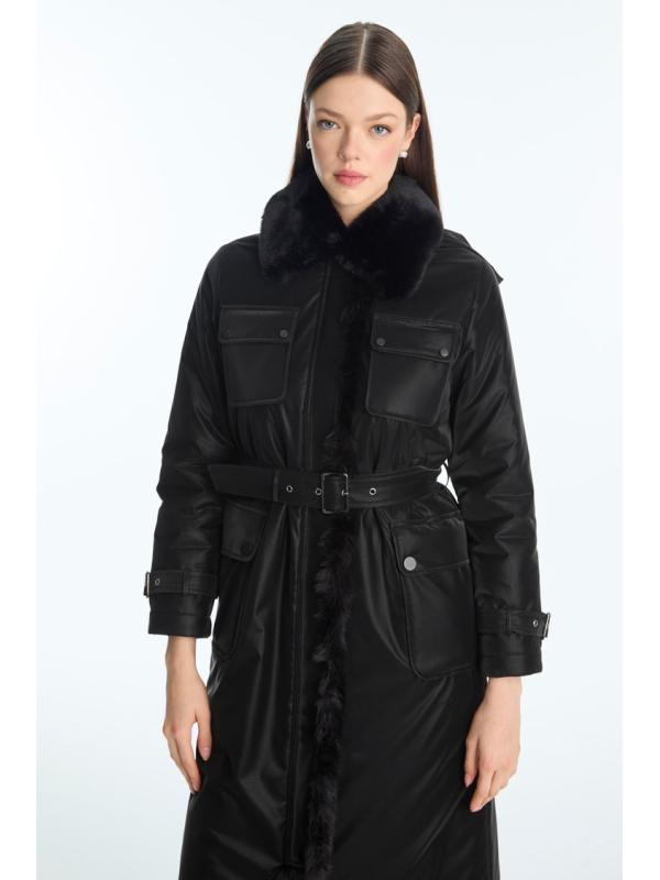 doudoune détaillée avec poche en fourrure et ceinture 13868