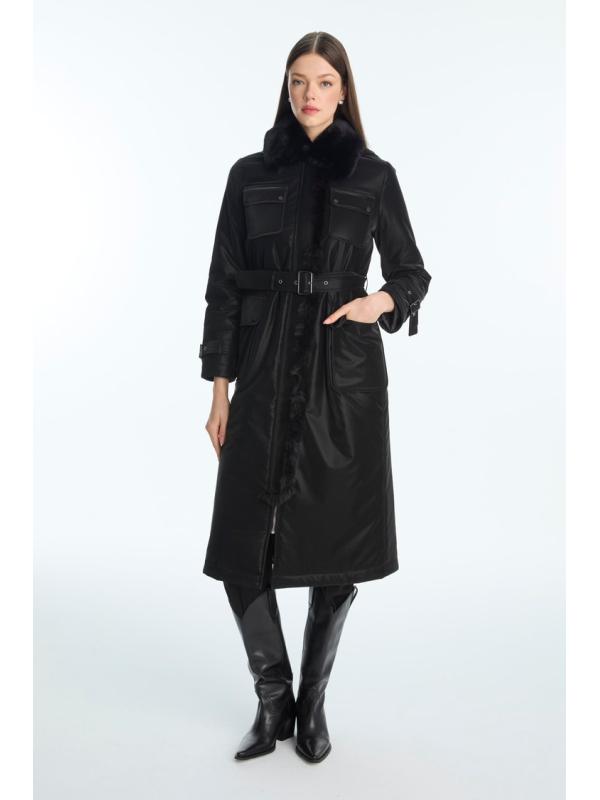 doudoune détaillée avec poche en fourrure et ceinture 13868