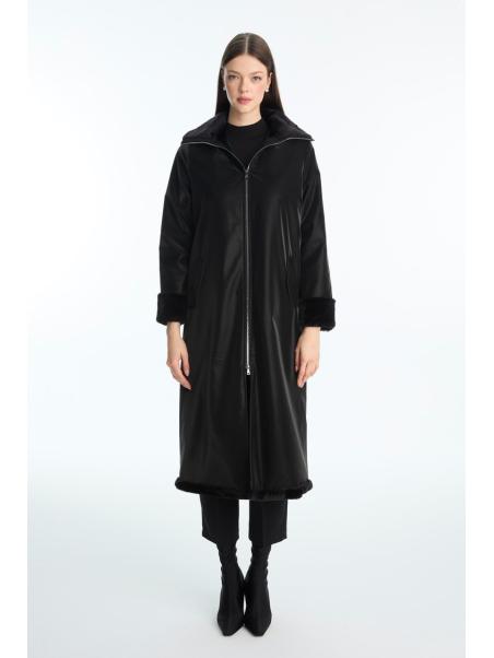 Manteau à fermeture éclair détaillée en fourrure noire 13899