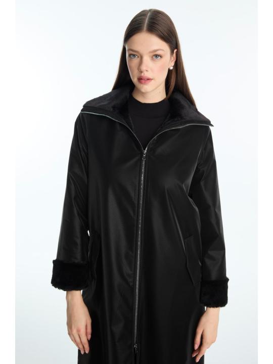Manteau à fermeture éclair détaillée en fourrure noire 13899
