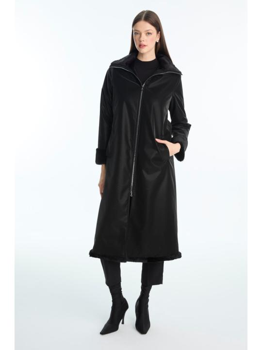 Manteau à fermeture éclair détaillée en fourrure noire 13899