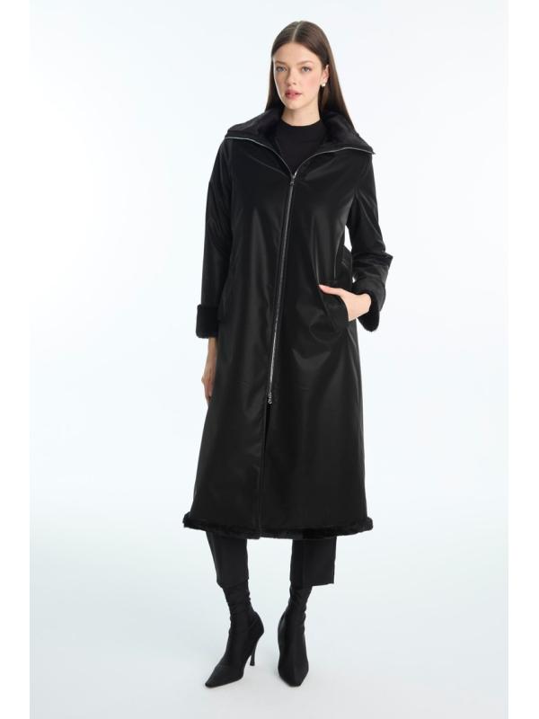 Manteau à fermeture éclair détaillée en fourrure noire 13899
