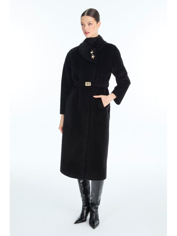 Manteau Broche noire à ceinture détaillée 13977