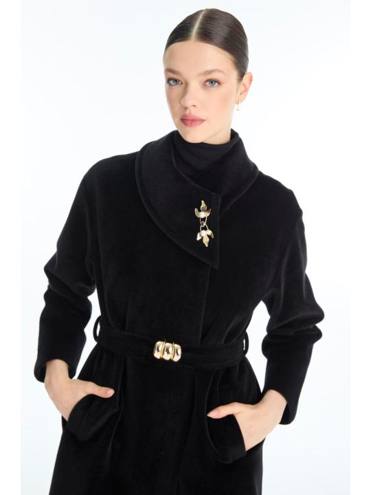 Manteau Broche noire à ceinture détaillée 13977